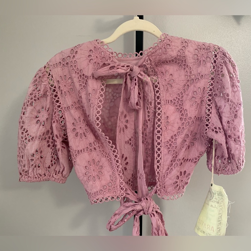 NWT Aratta Lace Crochet Puff Sleeve Crop Top - Dusty Rose - Picture 4 of 16